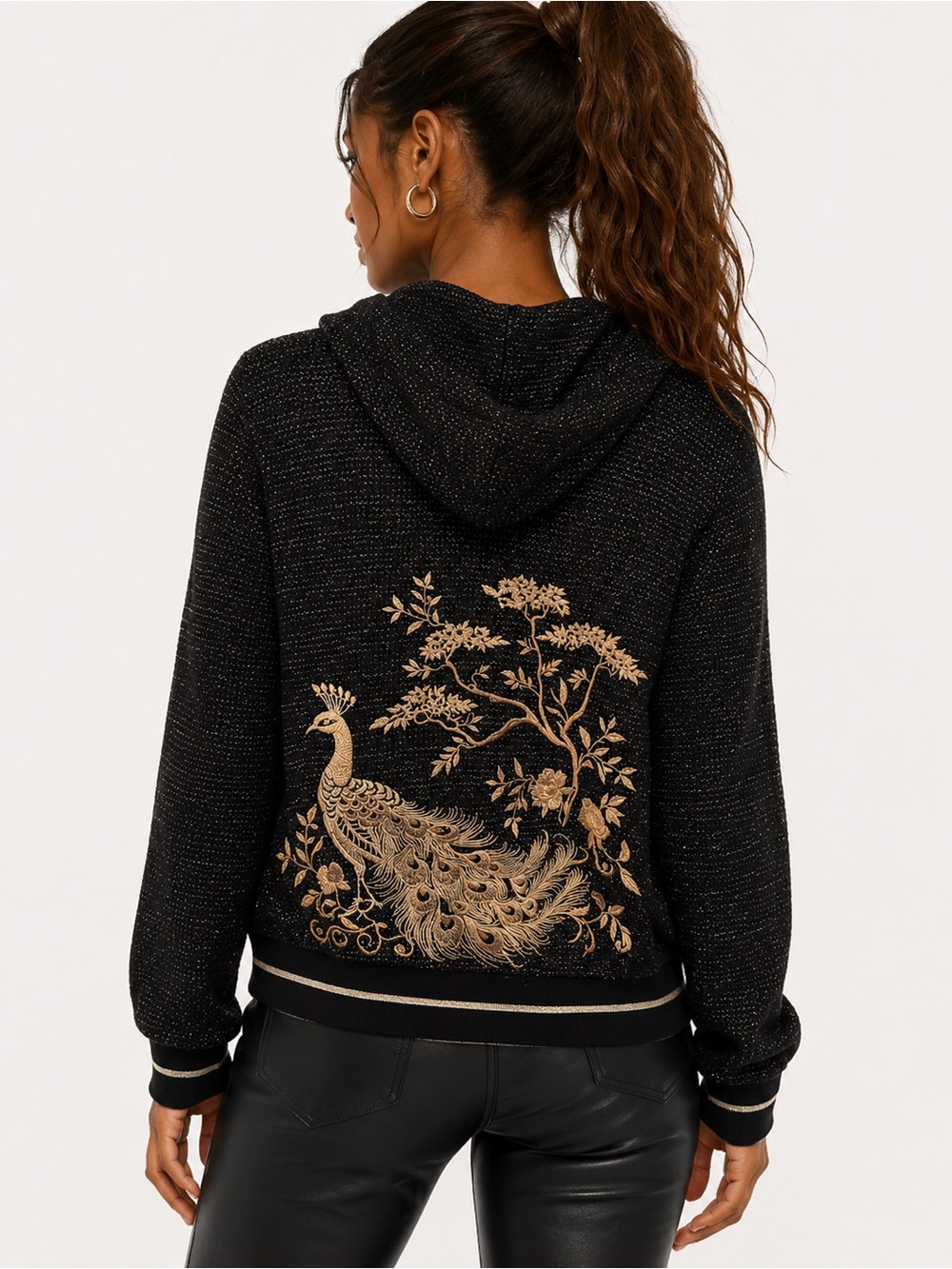 Johnny Was Metallic Thermal Embroidered Zip-Up Hoodie Sweater Black sz Med NEW